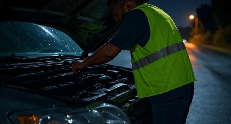 Vozač u prsluku proverava motor automobila noću